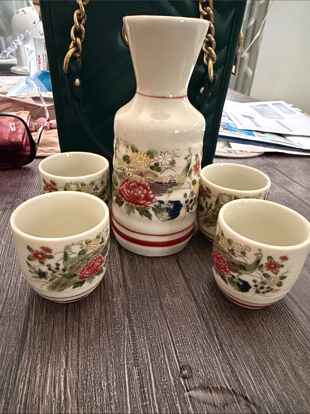 Porcelain Floral Sake Set - Cream with Red and Green Accents
